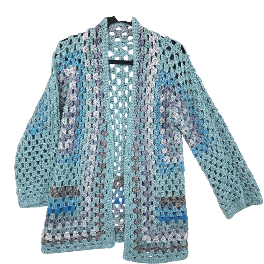 Crochet Hexigon Handmade Chunky Knit Cardigan Oversized Blue Boho 70s Handmade‎